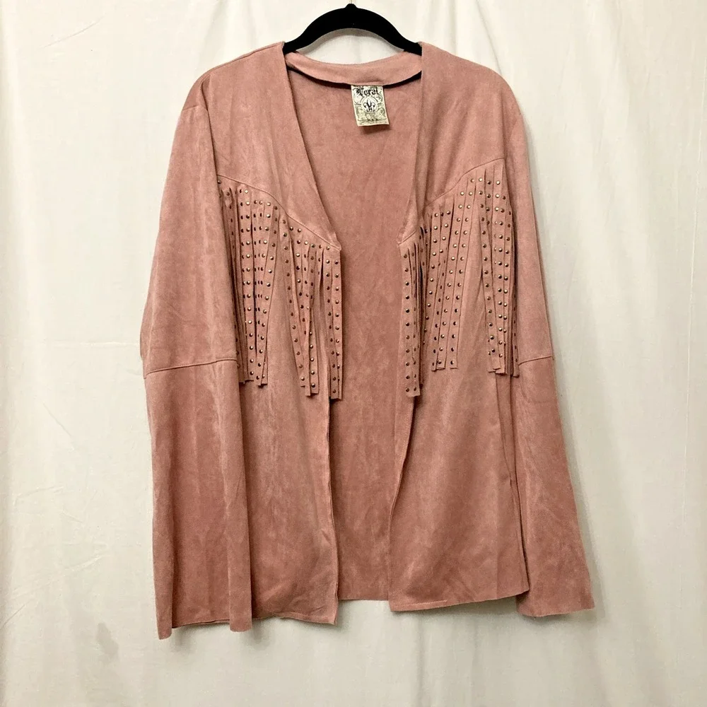 Vocal USA Pink Faux Suede Open Front Coatigan w/Studded Fringe & Pockets - 1X